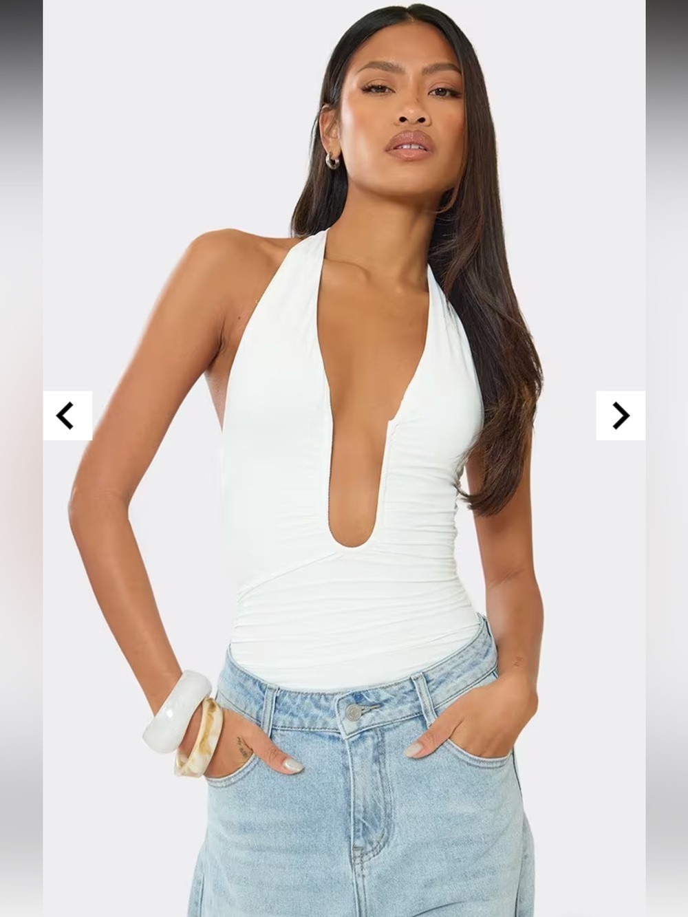 Ego Halterneck Plunge Front Detail Bodysuit In White Slinky Size Medium NWT